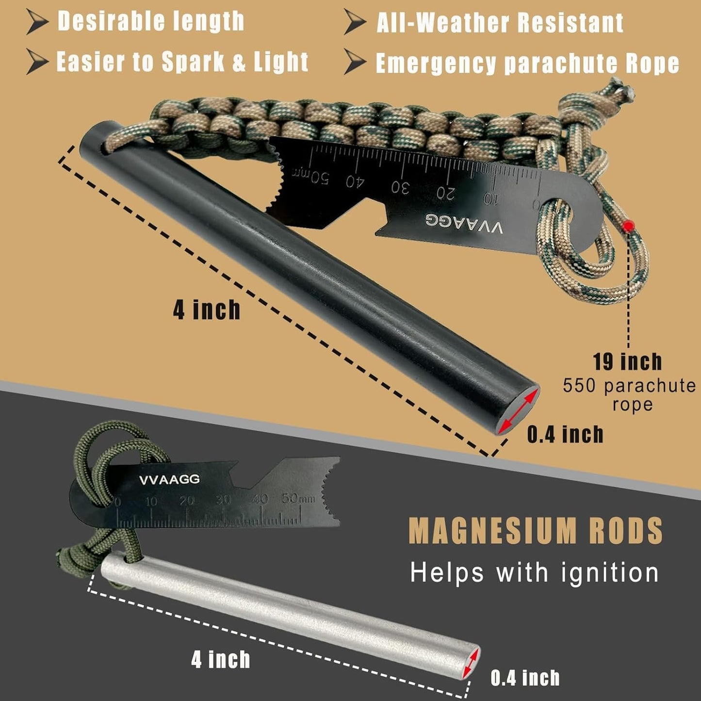 VVAAGG Flint and Steel Fire Starter Kit Survivor, 3/8 inch Ferro Rods and Magnesium Rods with Paracord Handle, Flint Fire Starter Survival Tool