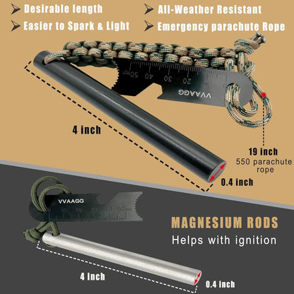 VVAAGG Flint and Steel Fire Starter Kit Survivor, 3/8 inch Ferro Rods and Magnesium Rods with Paracord Handle, Flint Fire Starter Survival Tool