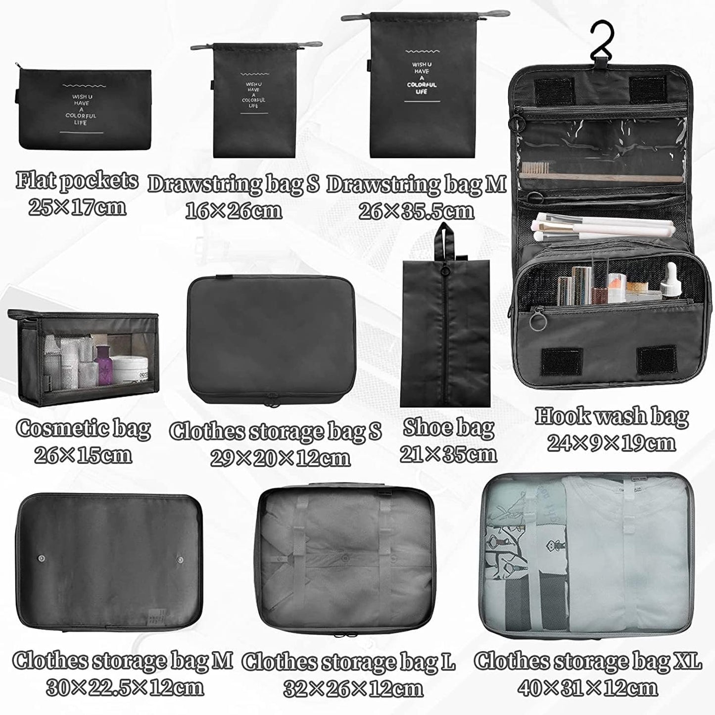 Packing Cubes, 10 Set Packing Cubes with Shoe Bag & Electronics Bag - Luggage Organizers Suitcase Travel Accessories (Black)