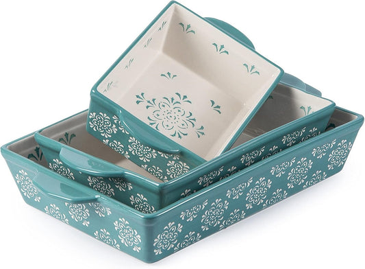 Original Heart Casserole Dish Ceramic Baking Dish 9x13 Baking Pan 3pcs Bakeware Sets Green Lasagna Pan Rectangular Baking Pan Set Baking Dishes for Oven