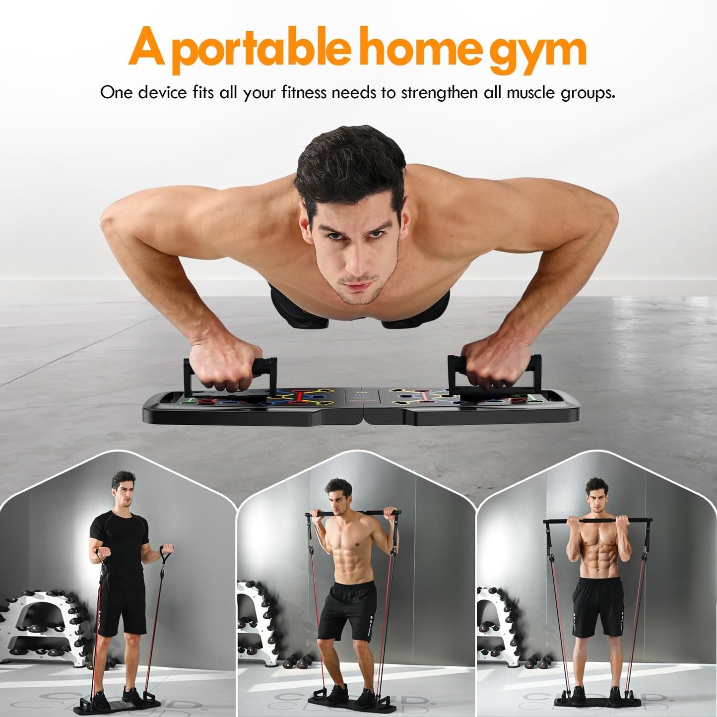 Push Up Board,Home Gym,Portable Exercise Equipment,Pilates Bar & 20 Fitness Accessories with Resistance Bands & Ab Roller Wheel,Full Body Workout at Home