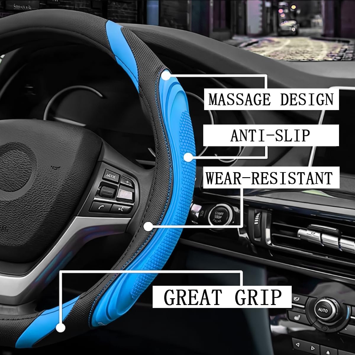 XINLIYA 15 Inch Car Leather Steering Wheel Cover, Automotive Accessories Elastic Breathable Anti-Slip Soft Wheel Protector Fits Men and Women, Suitable for SUVs, Trucks, Vehicles and RVs（Blue）