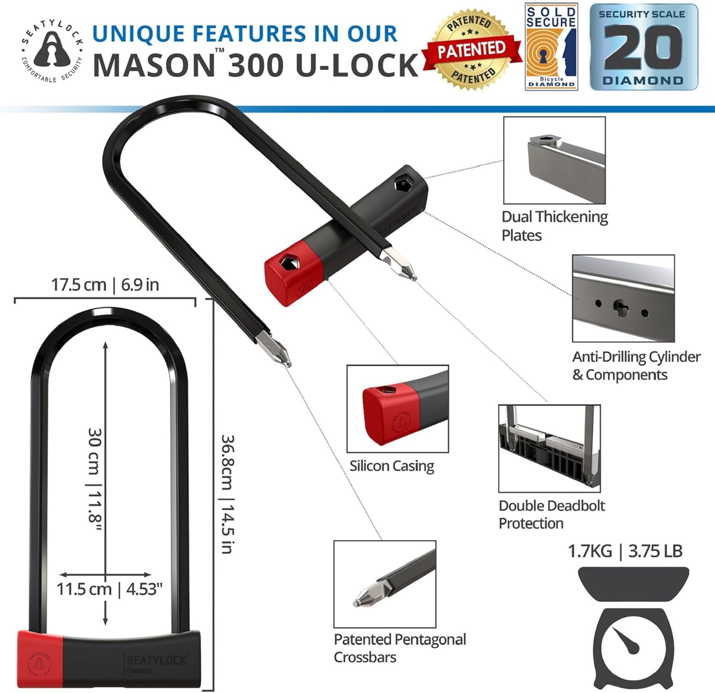 SeatyLock Mason Bike U Lock - Patented Anti-Theft Bicycle Lock - Super Wide Safety Master Tool ULock with Keys for Electric Bikes, Scooters and Motorcycles (30cm)