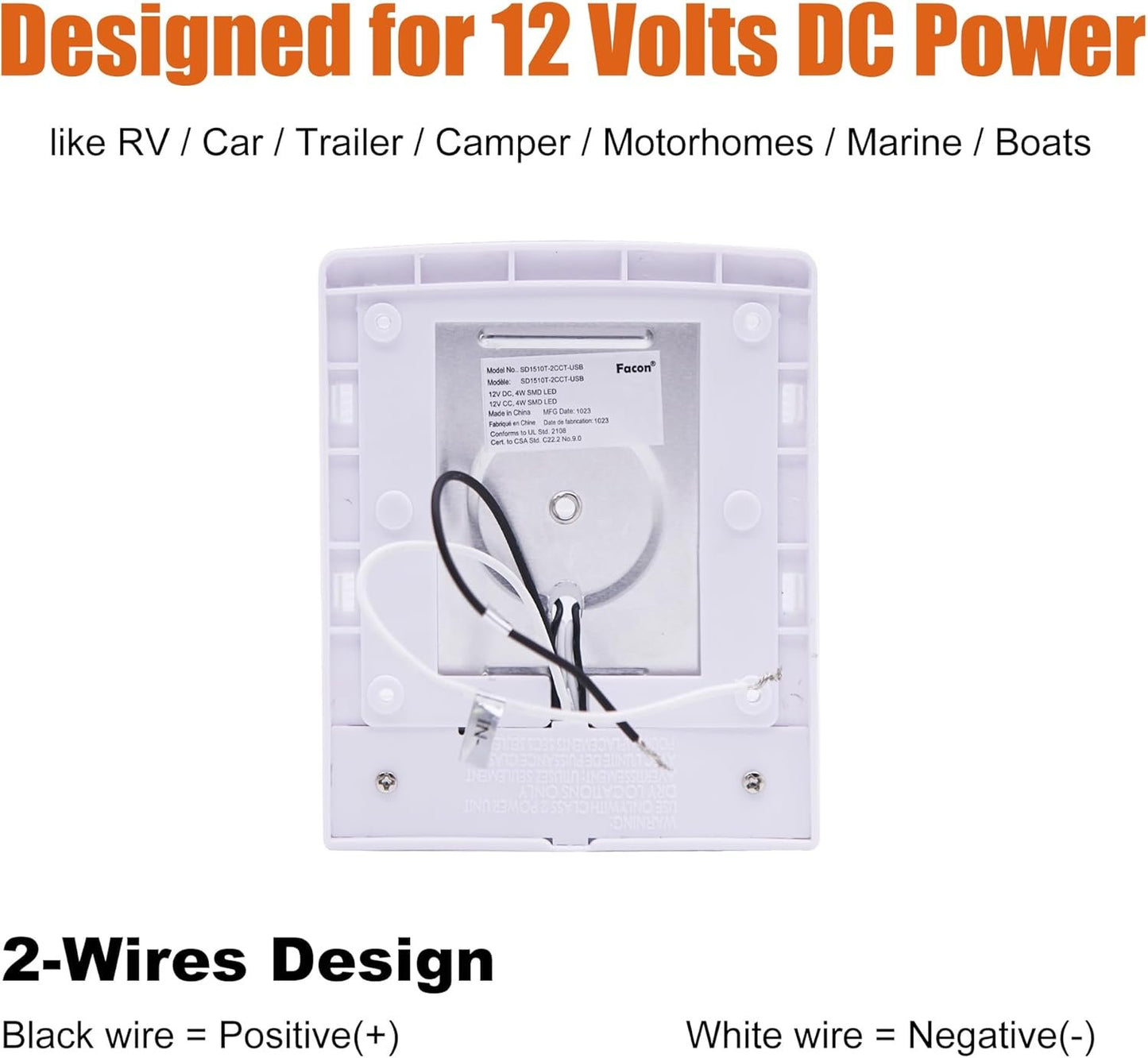 Facon 12V RV Interior Lights with Fast USB Charger (5V/2.4A), Dual-Tone 3000K/4000K Smart Lighting Upgrade for RVs, Campers, Boats, Square Single Pancake RV Lighting
