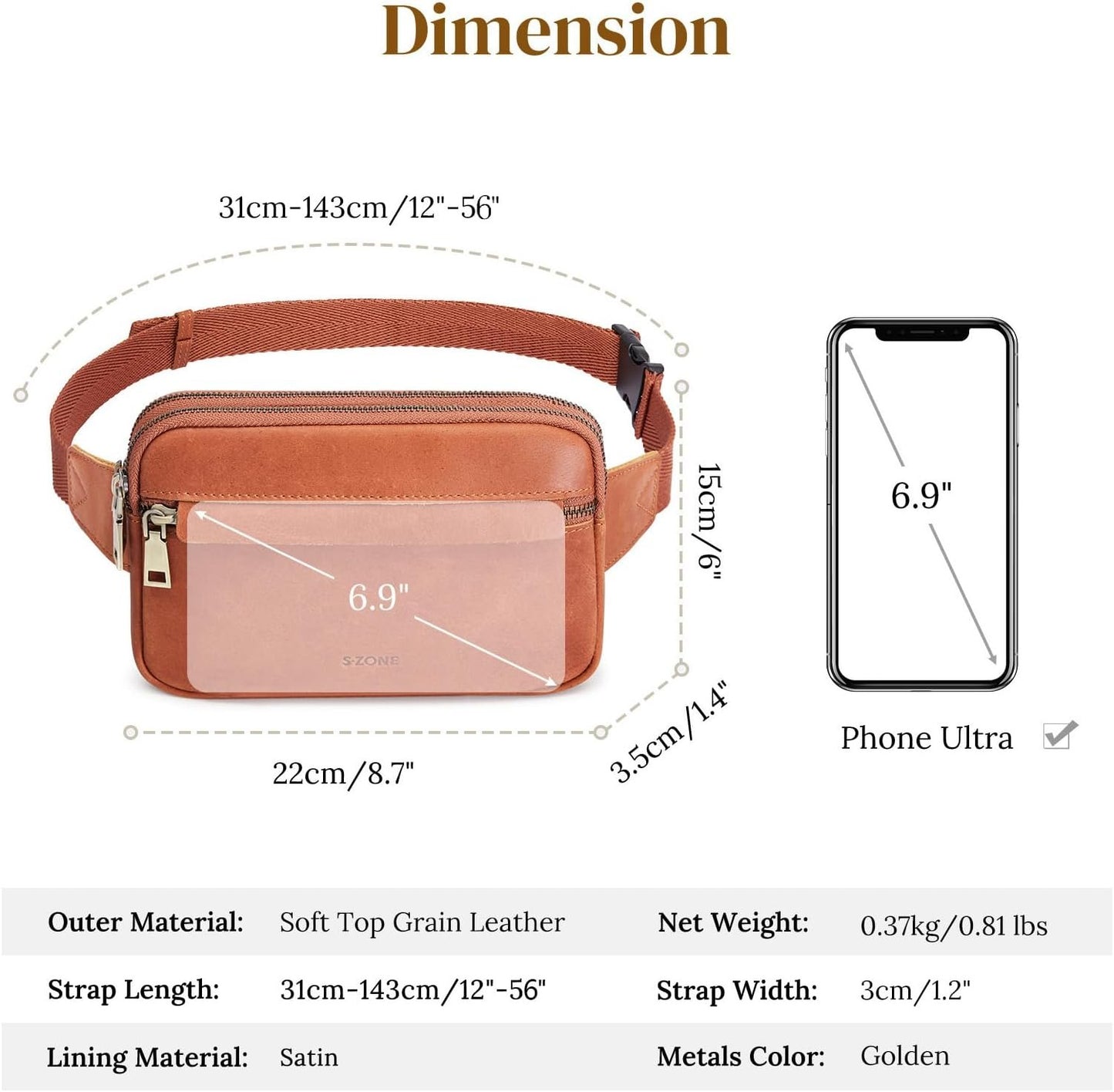 S-ZONE Fanny Packs for Women Genuine Leather RFID Blocking Waist Packs Belt Bags Fashionable Bum Bag Crossbody Purses Travel Outdoors Men