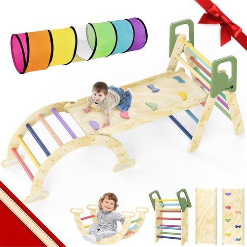 Pikler Triangle Set, 8-in-1 Indoor Jungle Gym with Kids Play Tunnel, Indoor Playground Jungle Gym for 1-3 Years Old, Wooden Montessori Climbing Set with Arch, Ramp & Ladder for Toddlers, Kids(S)