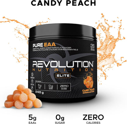Revolution Nutrition, Pure EAA Powder, Essential Amino Acid, Post Workout, Zero Calorie, Zero Sugar, Gluten Free, Enhanced with Electrolytes, 5g EAAs, 240 g, 26 Servings (Candy Peach, 0.53 Pound)