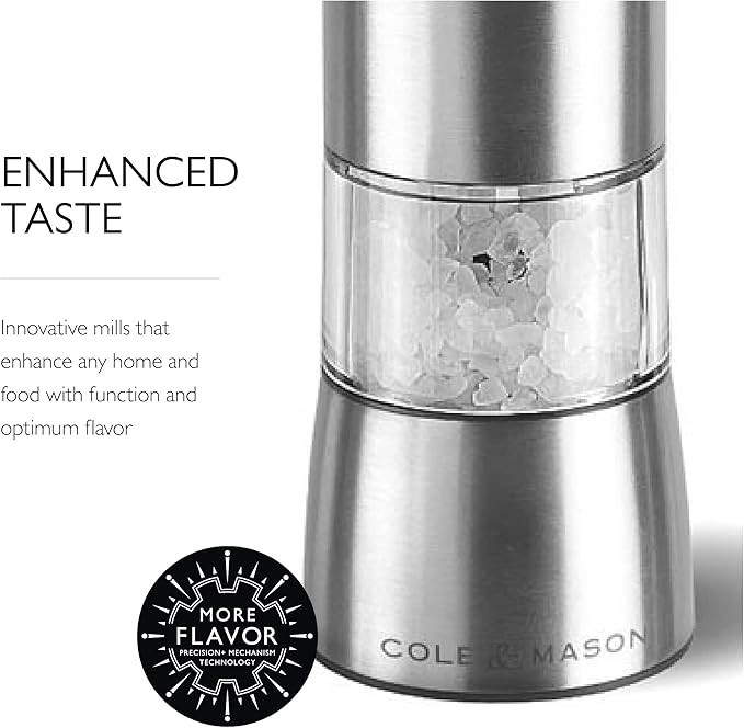 Cole & Mason Hampstead Electronic Salt Mill - Electric Salt Grinder Set - Adjustable Electric Spice Grinder - Kitchen Tool & Gadget - Hand Wash - Stainless Steel
