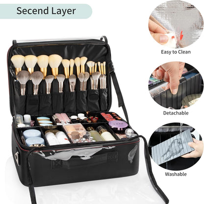 Makeup Train Case Organizer, OCHEAL Makeup Bag Travel Cosmetic Case Portable Artist Storage Bag with Washable Plastic Divider for Lipstick Storage Makeup Brushes Toiletry Accessories Black
