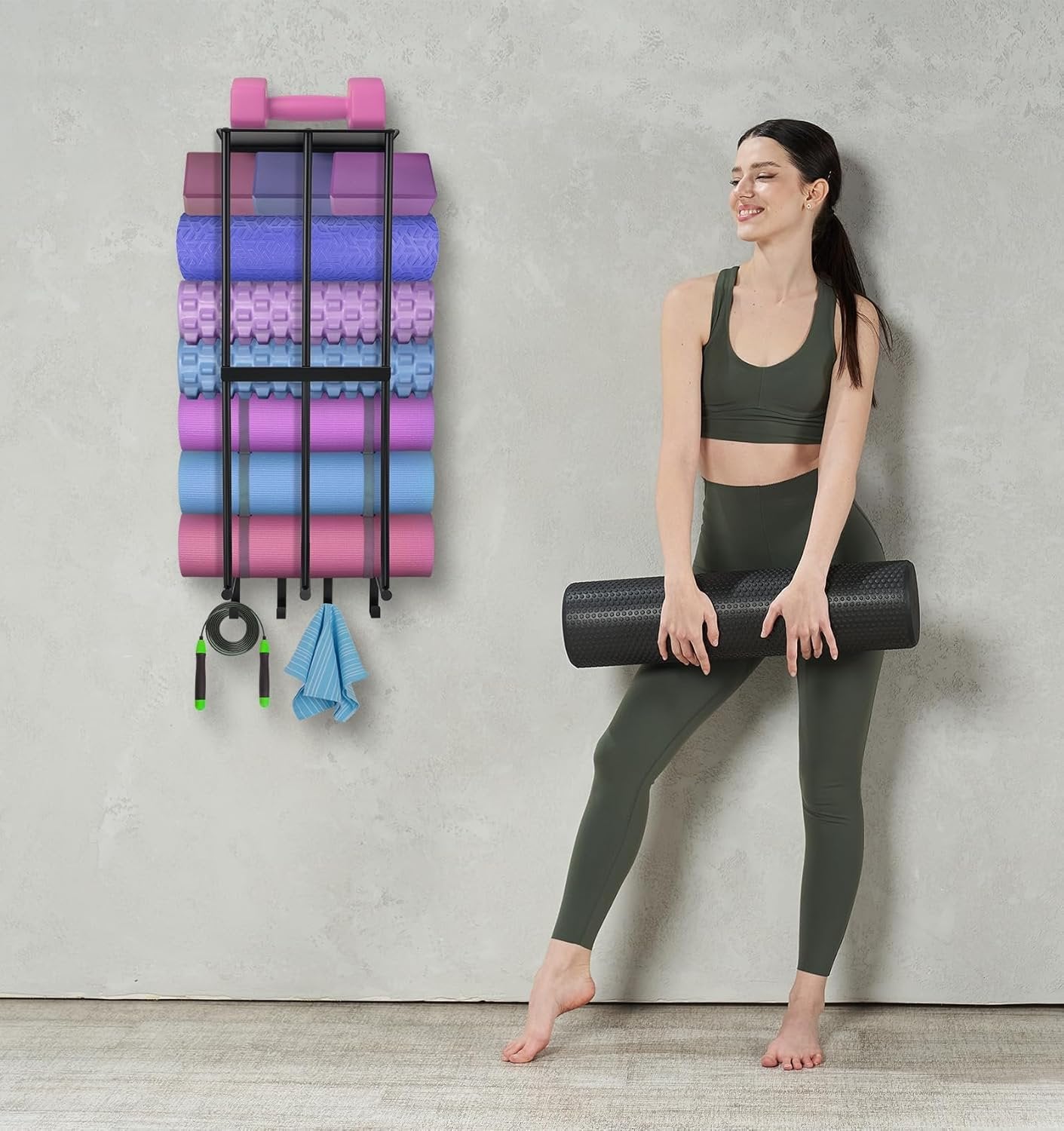 DNYLHRLZ Yoga Mat HolderYoga Mat Holder Wall MountHome Gym Accessories Organizer,Towel Storage Rackwith 4 Hooks for Hanging Foam Roller and Resistance Bands Gym Organization for Home Gym