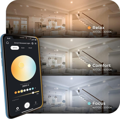 Globe Electric 50069 Wi-Fi Smart 6" Ultra Slim LED Recessed Lighting Kit 2-Pack, No Hub Required, Voice Activated, 12 W, Multicolor Changing RGB, Tunable White 2000K - 5000K, 800 Lumens, Wet Rated