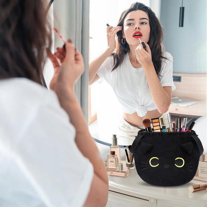 Funny Cat Drawstring Makeup Bag - Large Capacity Cute Travel Toiletry Tote Cosmetic Bag Pouch Organizer - Mothers Day Easter Birthday Christmas Unique Gag Gifts for Women Girls Cat Lovers-Black