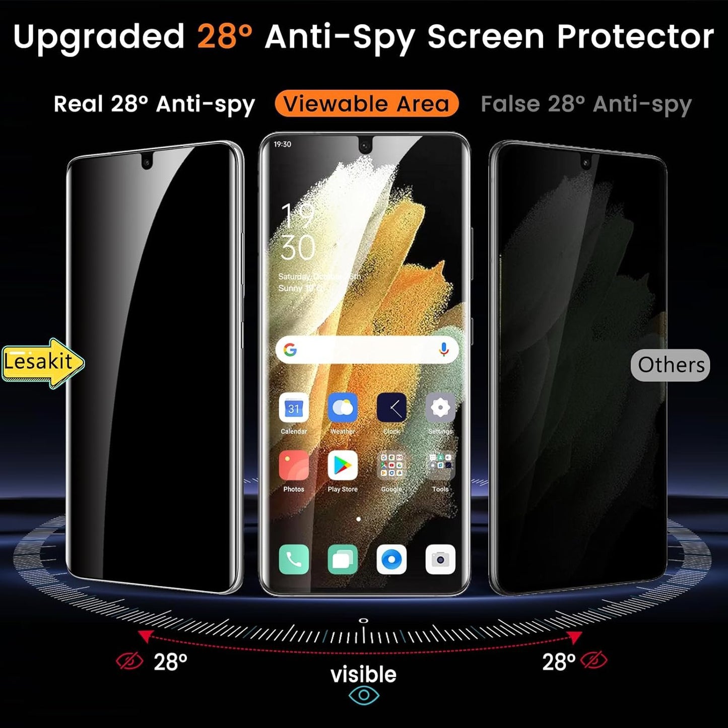 Lesakit 2 Pack Privacy Screen Protector for Samsung Galaxy S21 Ultra 6.8 inch, Anti Spy TPU Flexible Screen Protector [Support Fingerprint ID], True 28°, High Sensitivity, Case Friendly