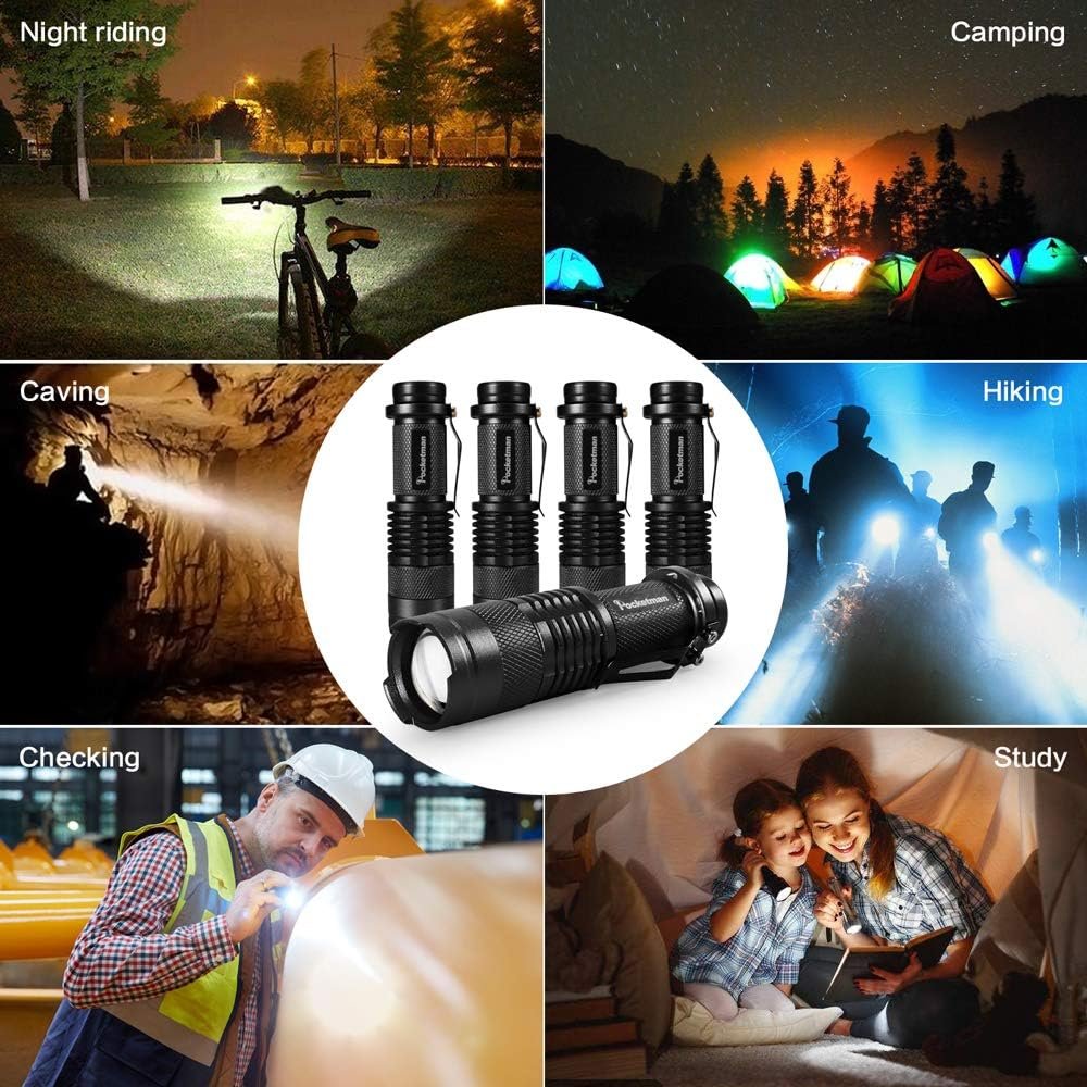Modaao 10 Pack Mini Flashlights LED Flashlight 300lm Adjustable Focus Zoomable Light (Black)