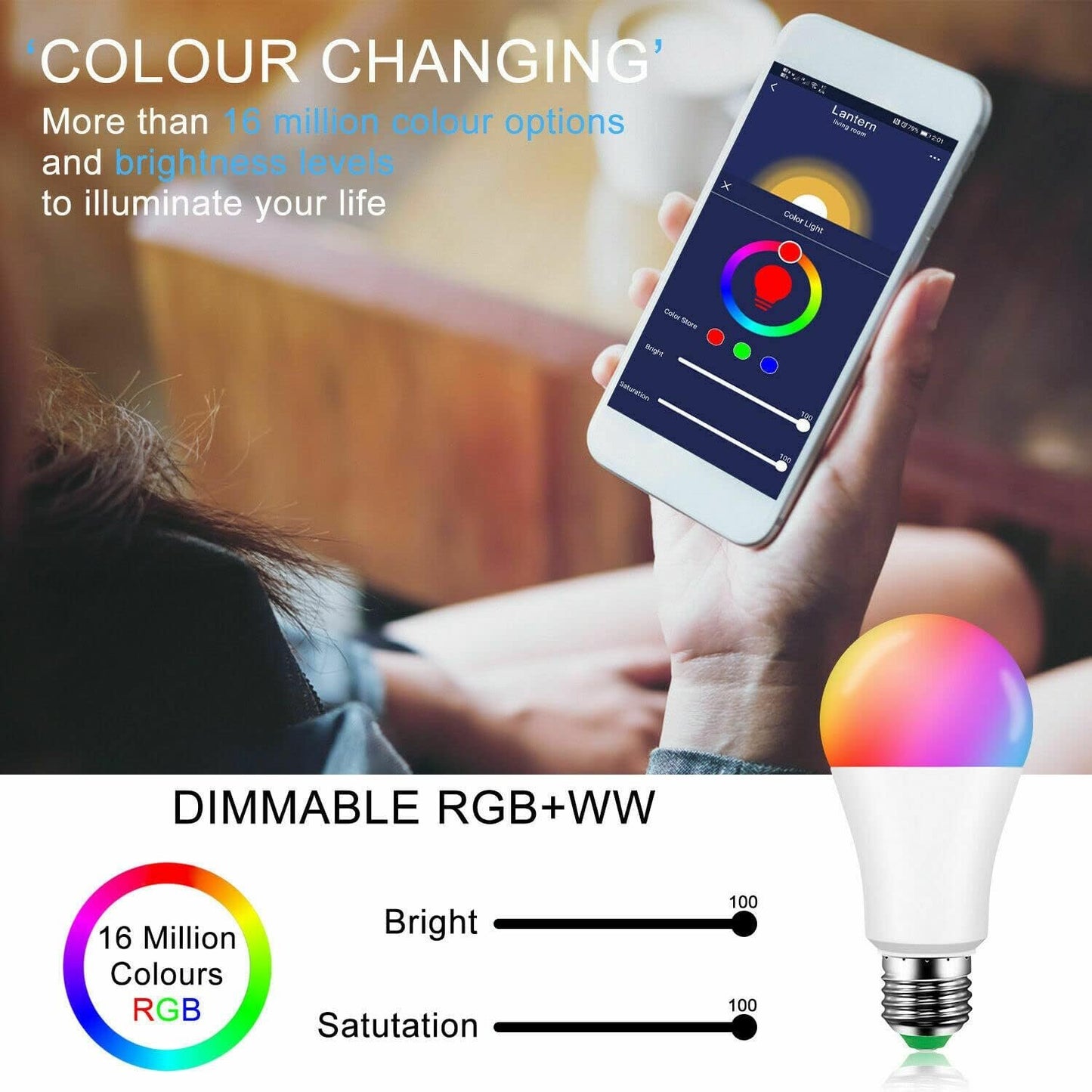 Smart Light LED Light Bulb WiFi Smart Smart Bulb 9W RGB for Alexa and Google Home Dimmable Timer Music Mode 16 Million Colors Capture Mode (Colour) Smart Bulb Lighting
