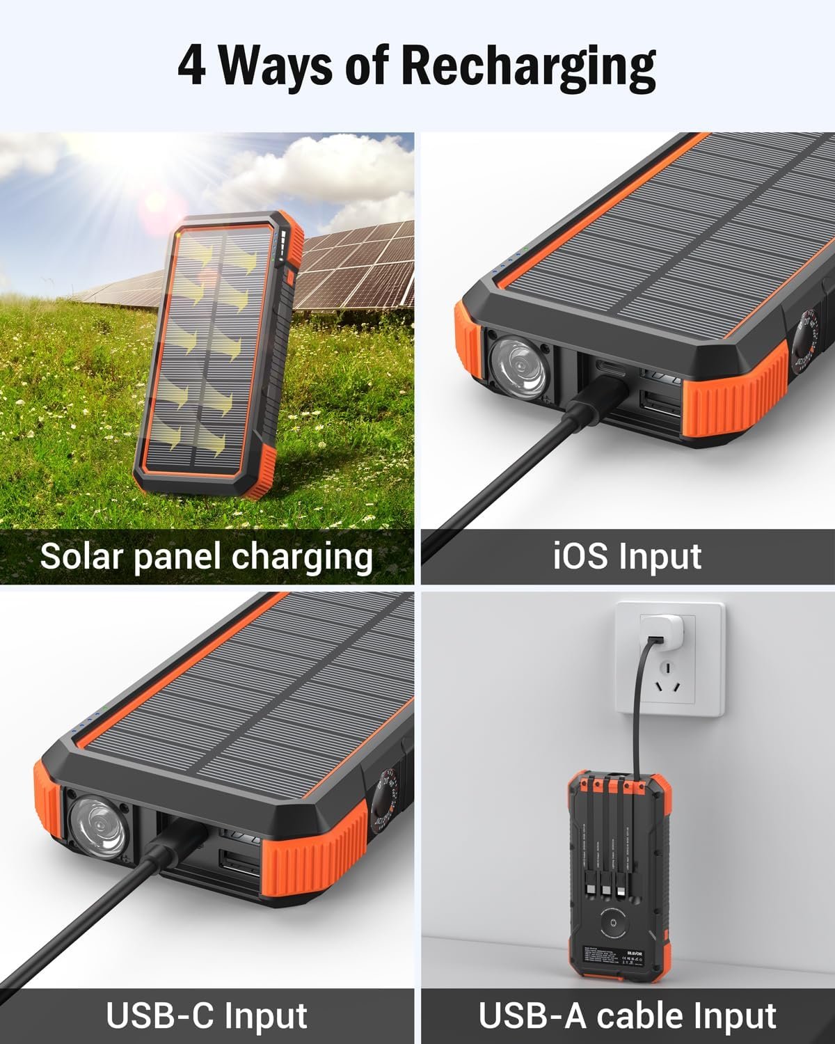 BLAVOR Solar Power Bank, 20000mAh Portable Charger Built in 4 Cables, 20W Fast Charging Battery Pack with USB C, Flashlight, Carabiner for All Cell Phones, Wireless Charger for Apple Watch