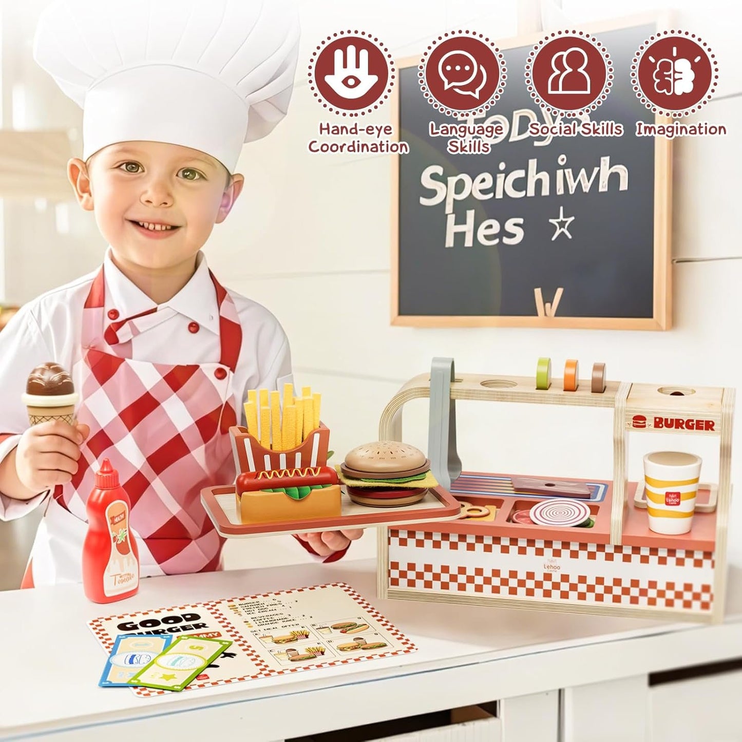 Lehoo Castle Wooden Play Food Sets for Kids Kitchen, Pretend Play Hamburger Counter Shop, Play Kitchen Accessories 3+, Montessori Toys for Toddlers 3-5 Year Old Boys Girls