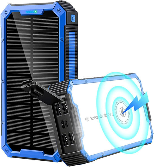 Solar Portable Power Bank 6 Mobile Phones at The Same Time 36800mA Solar Charger with LED Camping Lights High-Capacity External Battery Pack Wireless Portable Charger Outdoor Camping (Blue)
