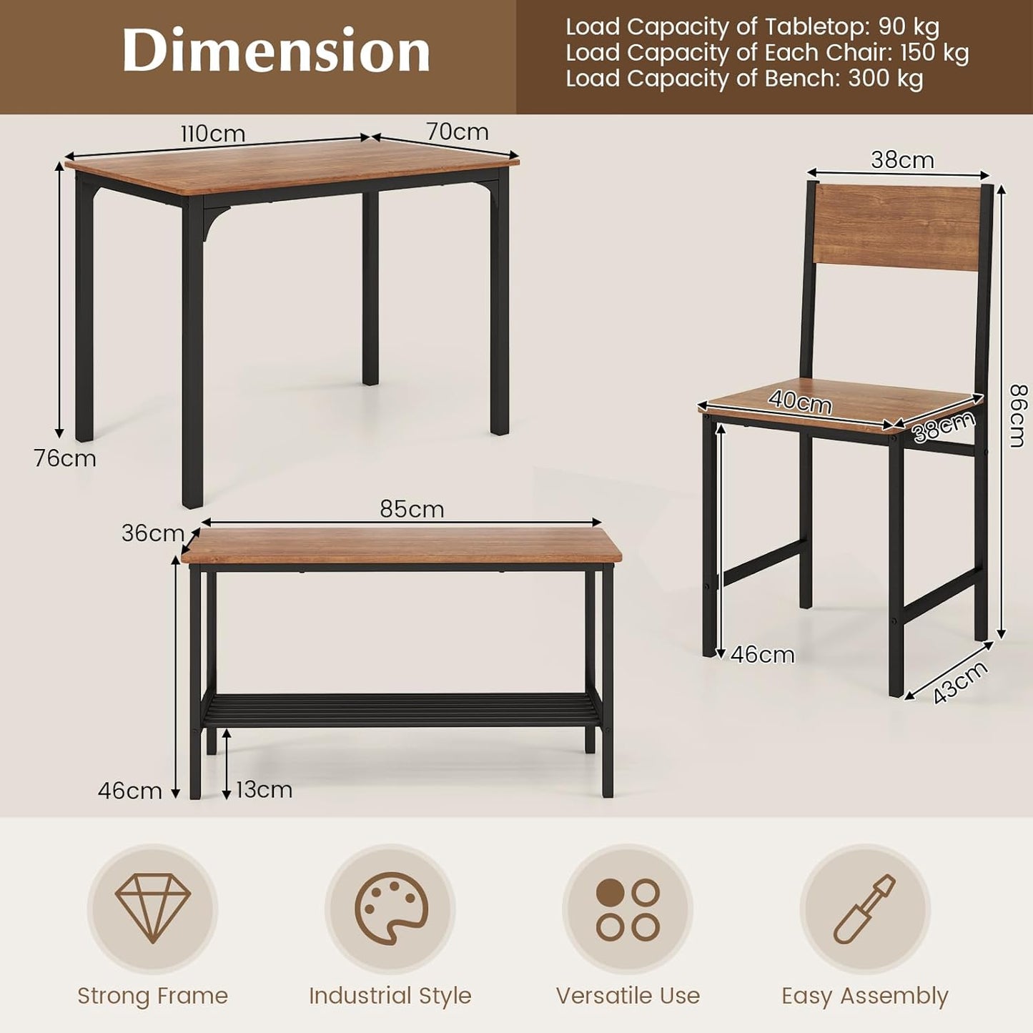 Giantex 4Pcs Dining Table Set, 1 Table & 1 Bench & 2 Chairs, Space-Saving Kitchen Set, Metal Frame & Storage Shelf, Industrial Desk Chair Set for Gathering Kitchen Dining Room Restaurant