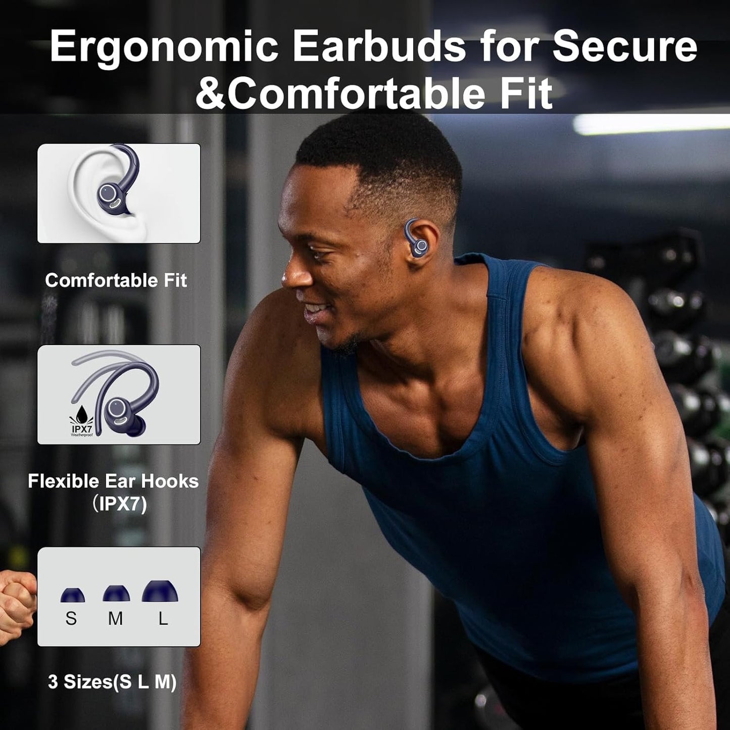 Wireless Earbuds, Bluetooth 5.3 Headphones Sport, Bluetooth Earbuds with ENC Mic, HiFi Stereo Wireless Earphones, 48H Dual LED Display, IP7 Waterproof Ear Buds with Earhook for Running Deep Blue