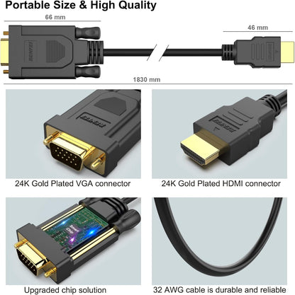 BENFEI HDMI to VGA 6 Feet Cable, Uni-Directional HDMI to VGA Cable (Male to Male) Compatible for Computer, Desktop, Laptop, PC, Monitor, Projector, HDTV, Raspberry Pi, Roku, Xbox and More