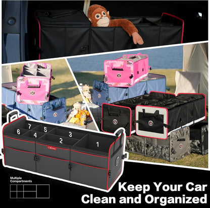 LIBZAKI Car Trunk Organizer,3 Compartments Big Trunk Storage, Large Capacity, Foldable, 95L Heavy Duty Storage Box for Car, SUV, Truck,Jeep, Includes 26L Cooler Bag-Black