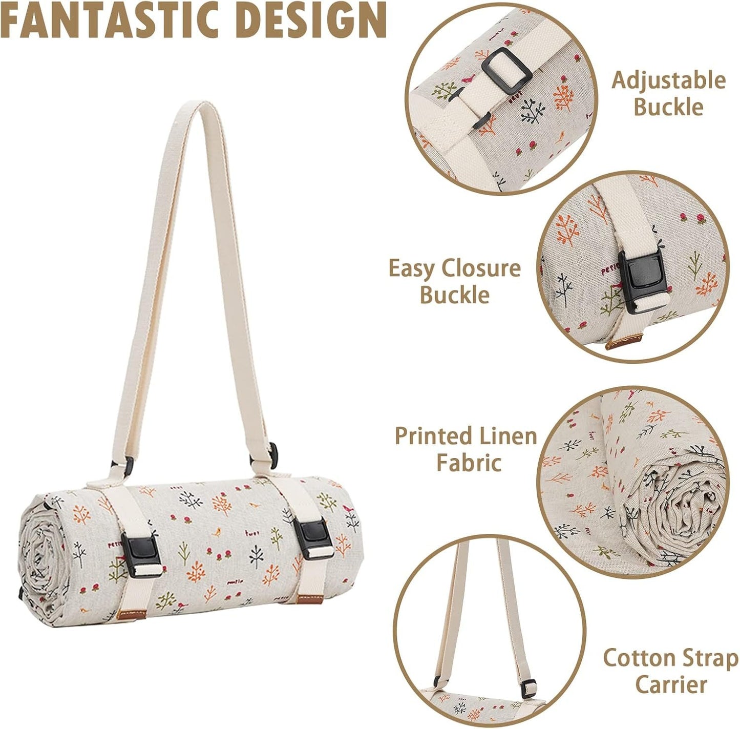 WILLOW WEAVE Picnic Blankets Washable Polyester Camping Blankets Emergency Backpack Accessories with Waterproof Backing and Shoulder Strap, 57"x79"