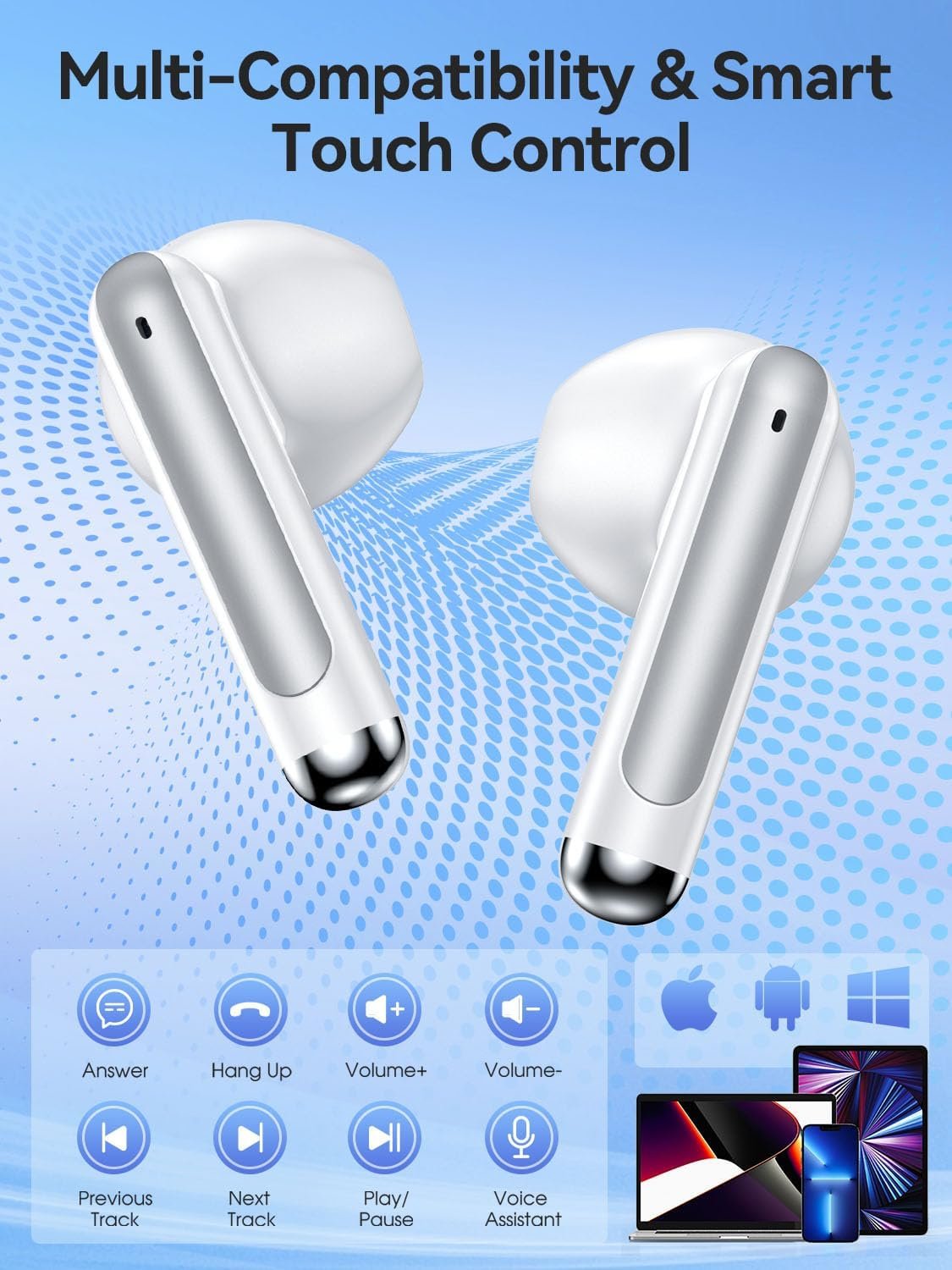 Wireless Earbuds, 2025 Bluetooth 5.3 Headphones HiFi Stereo with 4 HD Mic, 40H Playtime Bluetooth Earbuds with Dual LED Display, IP7 Waterproof Wireless Earphones, Touch Control Ear Buds,USB-C,White