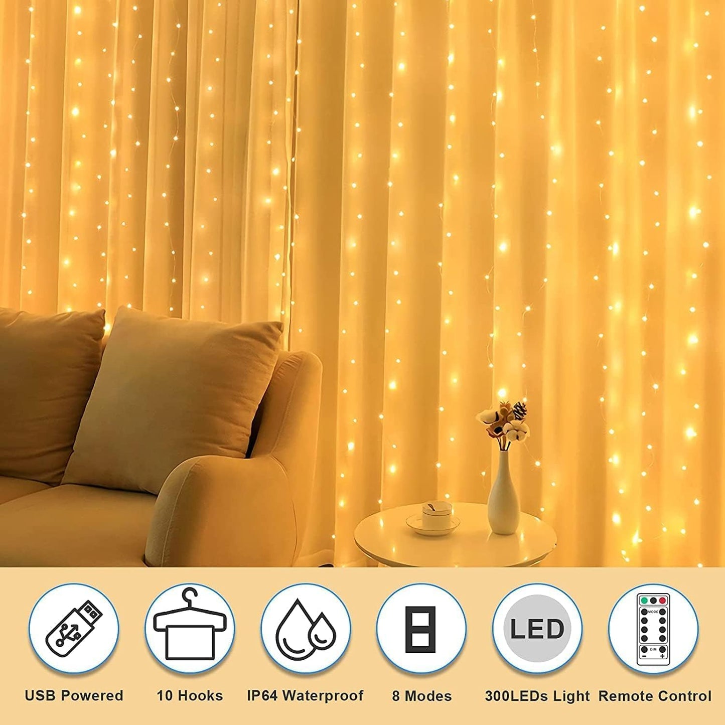 Fairy Curtain Lights, AmazerTec 300 LED Window Curtain String Light Wedding Party Home Garden Bedroom Outdoor Indoor Wall Decorations (Warm White)