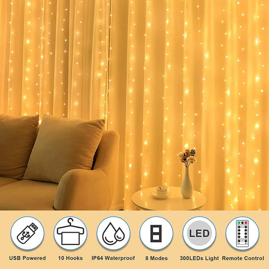 Fairy Curtain Lights, AmazerTec 300 LED Window Curtain String Light Wedding Party Home Garden Bedroom Outdoor Indoor Wall Decorations (Warm White)