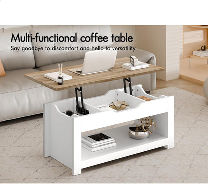 ALFORDSON Multifunctional Lift-Top Coffee Center Table Wood White Color, Dining Table for Living Room, Office, Reception & Dining, Featuring Rising Tabletop Surface, Hidden Compartment & Open Shelf