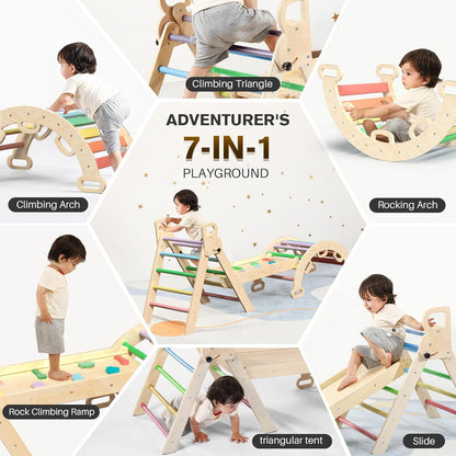 Omebel Pikler Triangle Set, 7 in 1 Foldable Toddler Climbing Toys Wooden Montessori Climbing Set with Arch&Ramp&Ladder Baby Climber Indoor Jungle Gyms for Toddlers Montessori Toys