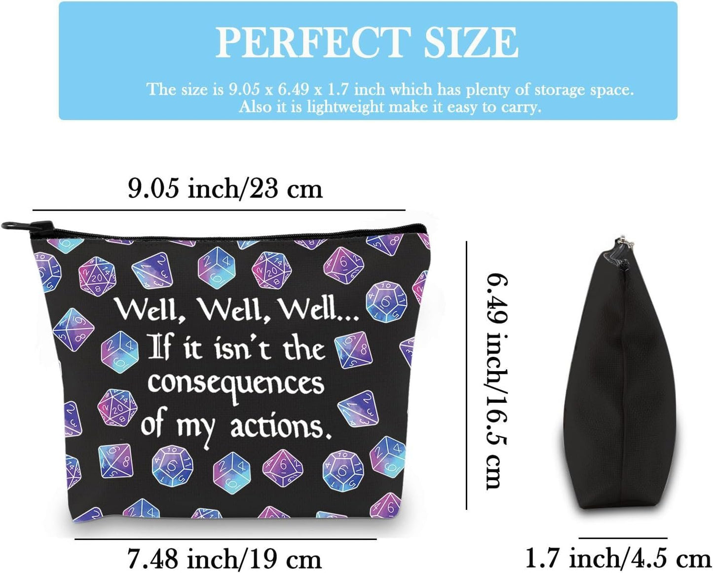 DND Gift Role Playing Games Gift D20 Dice Pouch D&D Accessory Pouch Bag DM Games Makeup Bag for RPG Gamer (My Actions Bag CA)