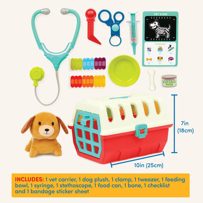 Battat – Mini Vet Playset (11pc) – Plush Dog & Carrier – Stickers & Checklist – Toy Stethoscope & Bone – 2 Years + – Puppy Care Vet Kit