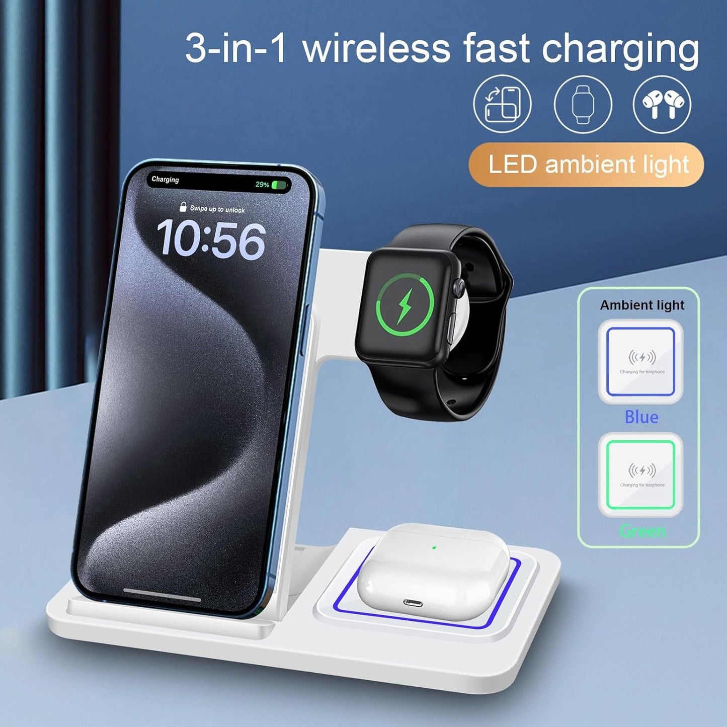 3 in 1 Wireless Charger, 15W Fast Wireless Charging Station Stand Compatible with iPhone 16 15 14 13 12 11 XS Series, Air Pods Pro 2/4/3, Apple Watch Series 10/Ultra2/9/8/7/6/5/4/3/2/SE,White