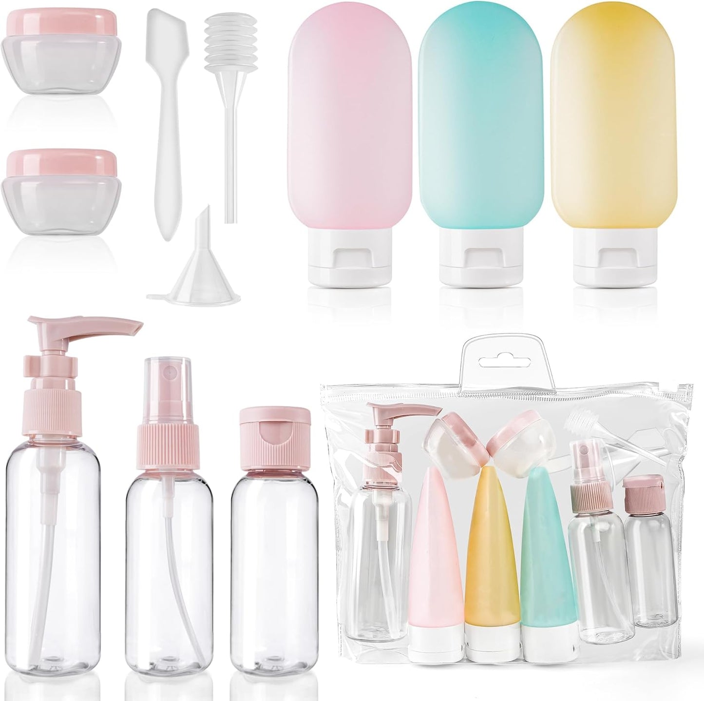 11 x Travel Liquid Containers, 30/50/60/80 ml Travel Liquid Kit, Silicone Travel Kit, for Filling Toiletries, Shampoo, Transparent Spray Bottles, Small Cream Jars