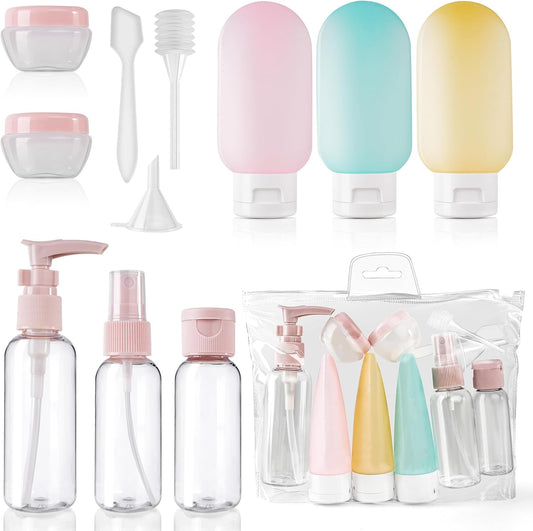 11 x Travel Liquid Containers, 30/50/60/80 ml Travel Liquid Kit, Silicone Travel Kit, for Filling Toiletries, Shampoo, Transparent Spray Bottles, Small Cream Jars