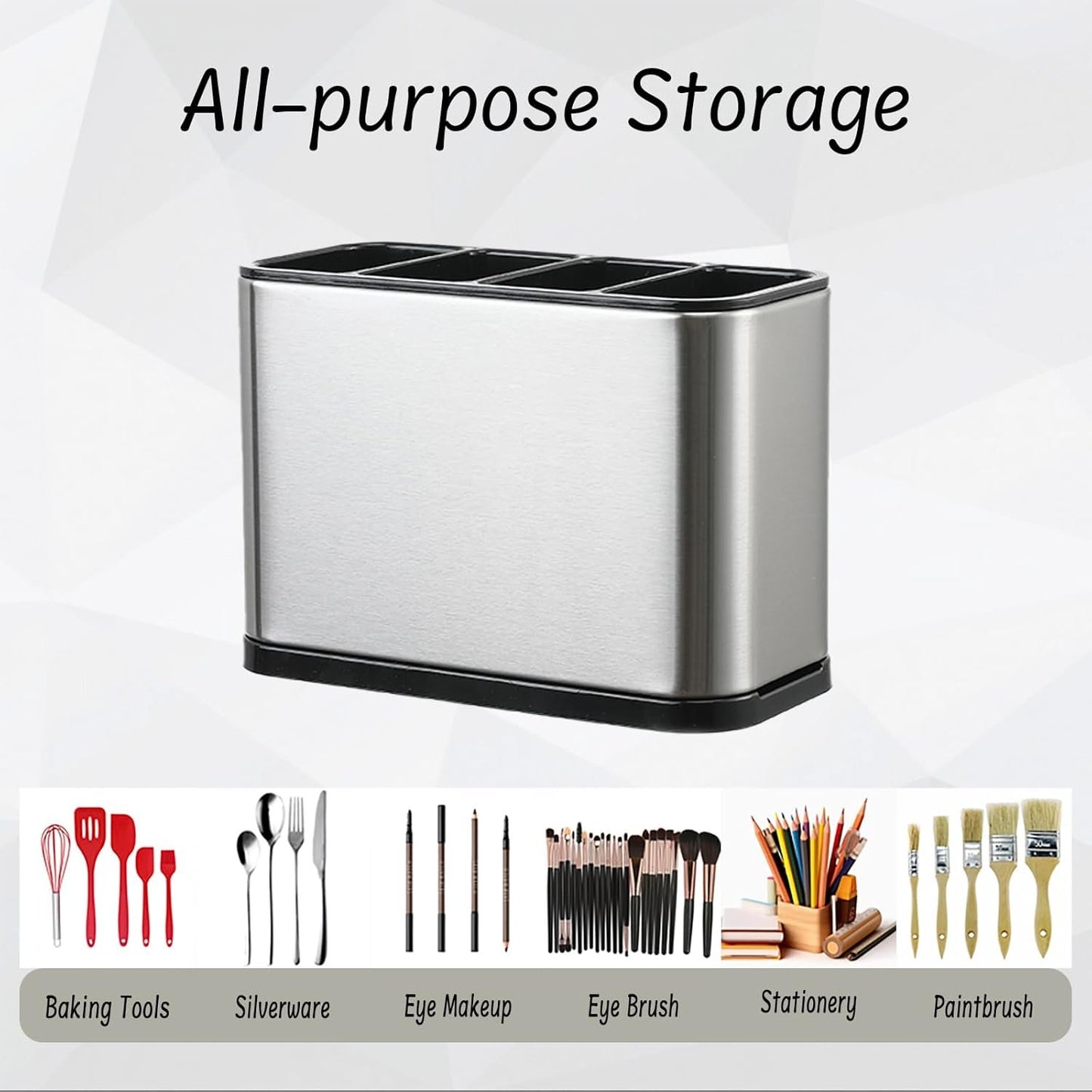 4-Compartment Stainless Steel Utensil Holder with Removable Tray, Anti-Slip, Quick-Dry Design, Rust-Proof Cutlery Organizer for Kitchen Countertop (18x8.6x13cm)