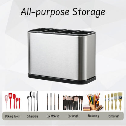4-Compartment Stainless Steel Utensil Holder with Removable Tray, Anti-Slip, Quick-Dry Design, Rust-Proof Cutlery Organizer for Kitchen Countertop (18x8.6x13cm)