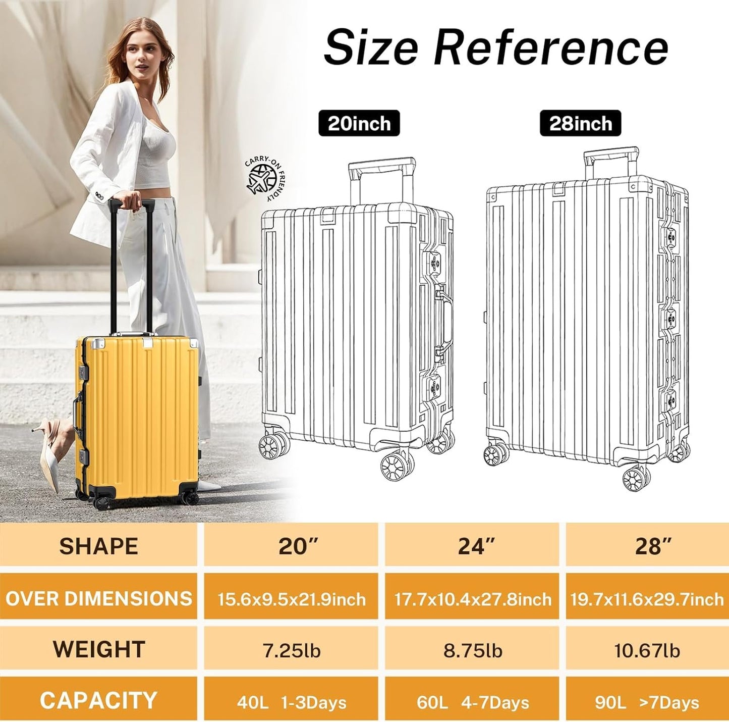 Krute Carry On Luggage PC+ABS Luggage Aluminum Frame Zipperless Lightweight Hardshell Suitcase with TSA Lock Spinner Wheels 20 Inch Yellow