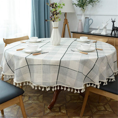 Fhberni Round Tassel Plaid Tablecloth, Heavy Weight Cotton Linen Fabric Table Cover for Kitchen Dining Tabletop Decoration, Off White & Grey, 60" Round