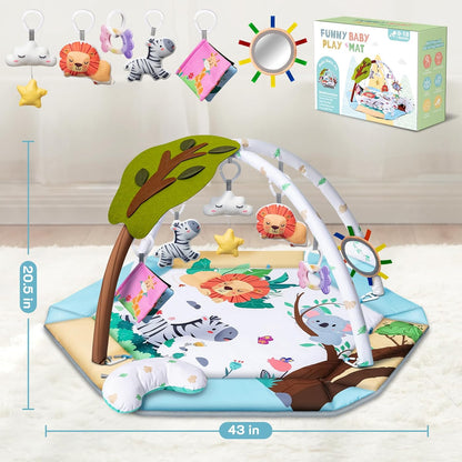Baby Gym Play Mat, 8-in-1 Tummy Time Mat & Ball Pit with 6 Toys, Washable Baby Activity Play Mat for Visual, Hearing, Sensory, Motor Development, Baby Toys Toddler Infant 0-3-6-9-12 Month