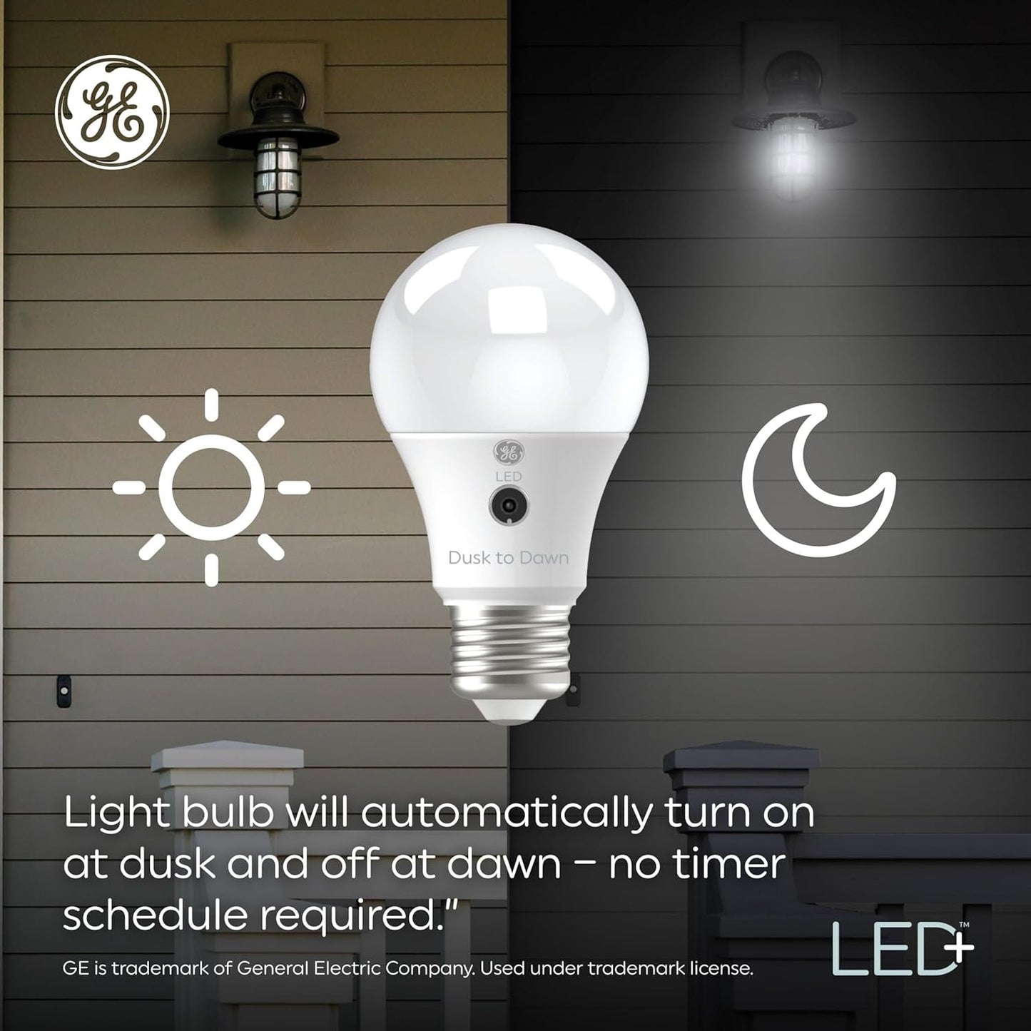 GE LED+ A19 Dusk to Dawn LED Light Bulbs, Automatic On/Off Outdoor Security Light, Soft White (2 Pack)