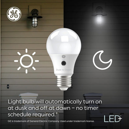 GE LED+ A19 Dusk to Dawn LED Light Bulbs, Automatic On/Off Outdoor Security Light, Soft White (2 Pack)