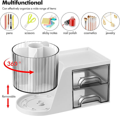 Poeland Rotating Pen Holder with 2 Drawers, Desk Organizer, Stationery Accessories Cosmetics Storage Box for Office School Home - White