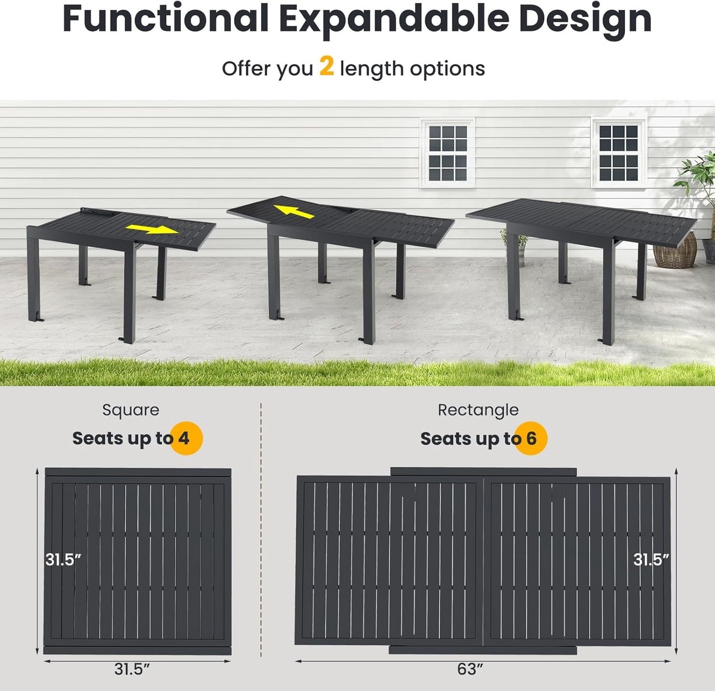 Giantex Expandable Patio Table, 31.5”-63” Extendable Aluminum Dining Table for 4-6 People, Slatted Tabletop, Square Rectangular Outdoor Table for Backyard, Front Porch, Poolside