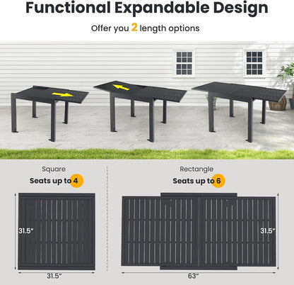 Giantex Expandable Patio Table, 31.5”-63” Extendable Aluminum Dining Table for 4-6 People, Slatted Tabletop, Square Rectangular Outdoor Table for Backyard, Front Porch, Poolside