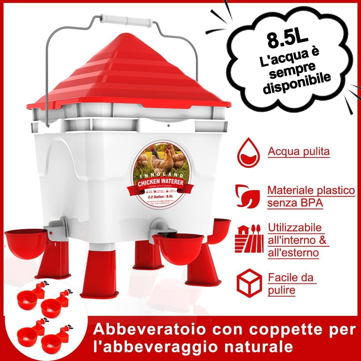 INNOLAND Chicken Feeder and Drinker Set 6kg/8.5L | Chicken Drinker, Automatic Chicken Feeder 4 Openings/4 Cups, Adjustable Feet, Steel Chains for Poultry