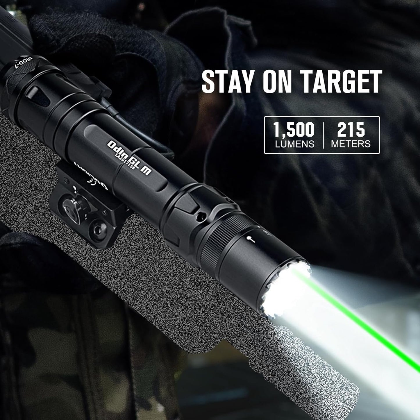 OLIGHT Odin GL M 1500 Lumens Rechargeable Tactical Flashlight, MLOK Flashlight with Green Beam and White LED Combo, Removable Slide Rail Mount, Dual-Button Remote Pressure Switch with 215 Meters Beam