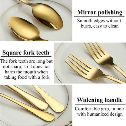 ReaNea Gold Cutlery Set 36 Pieces Service for 12, Stainless Steel Titanium Gold Flatware Set Include Knives Spoon Forks Set, Silverware Set, Serving Utensil Set